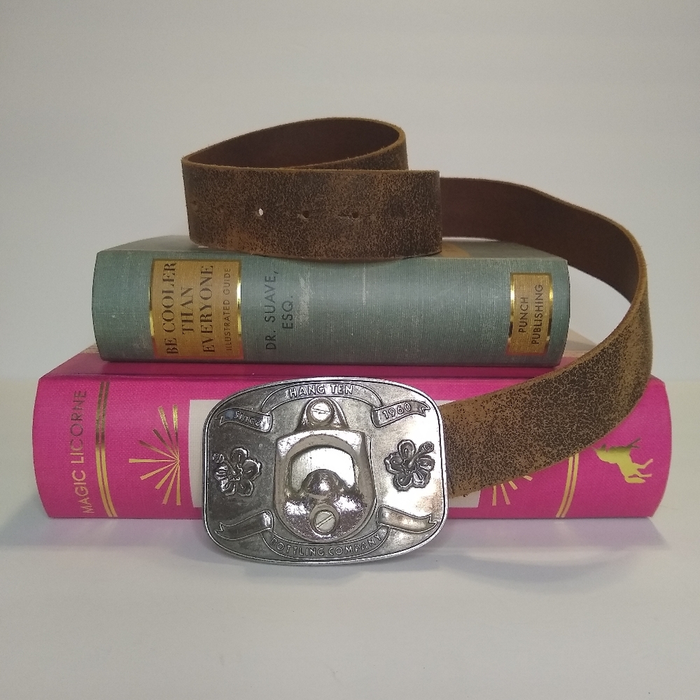 Vintage Hang Ten silver tone bottle opener buckle brown leather belt